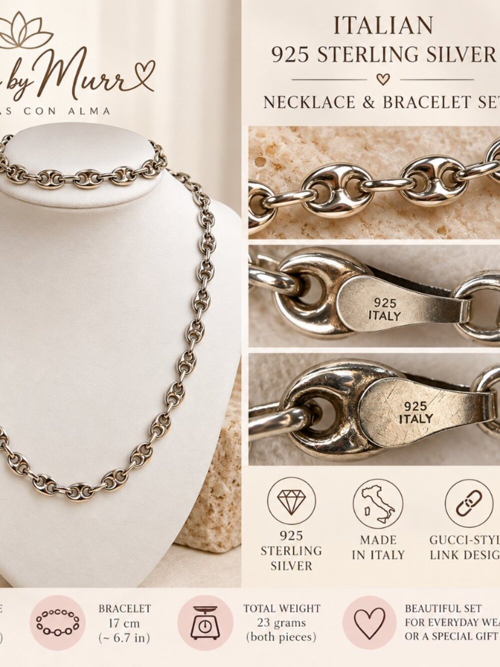 Italian 925 Sterling Silver Gucci-Style Link Necklace & Bracelet Set